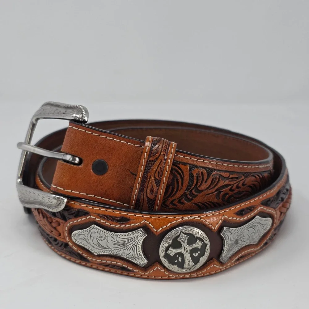 3D Belt Co Brown Handtooled Genuine Leather Western Cross Concho Belt Size 32